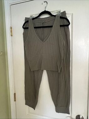Chaser Ribbed V-Neck Tank and Joggers Set in Taupe